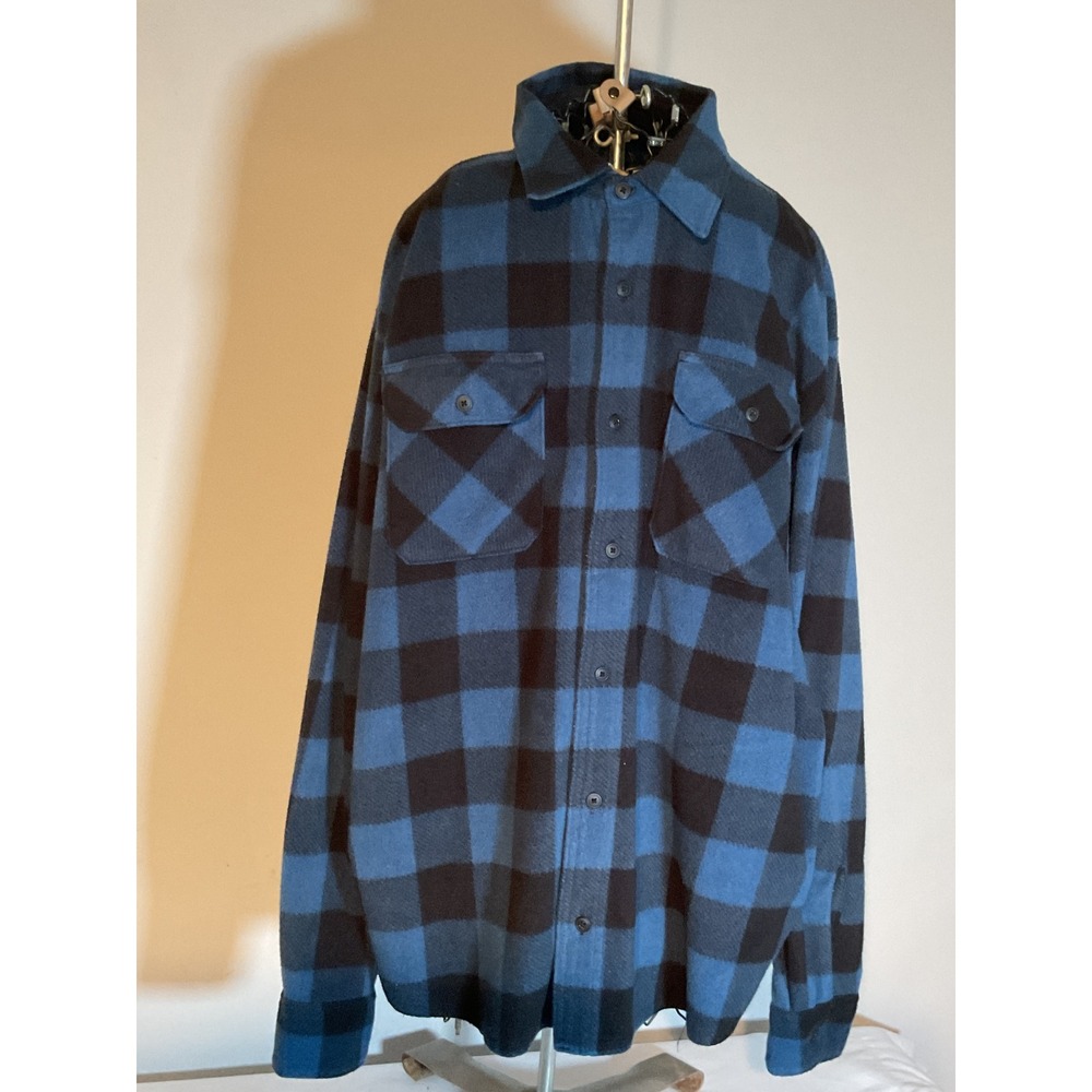 Wrangler Mens XL Blue Black Buffalo Plaid Fleece Flannel Long Sleeve Button